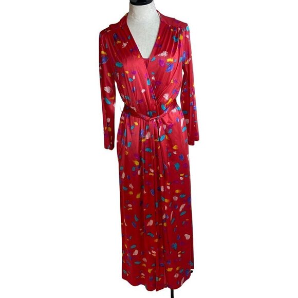 Vanity Fair Vintage 80s Womens Nightgown Robe Set Size S Red Brush Stroke Print - Picture 2 of 10